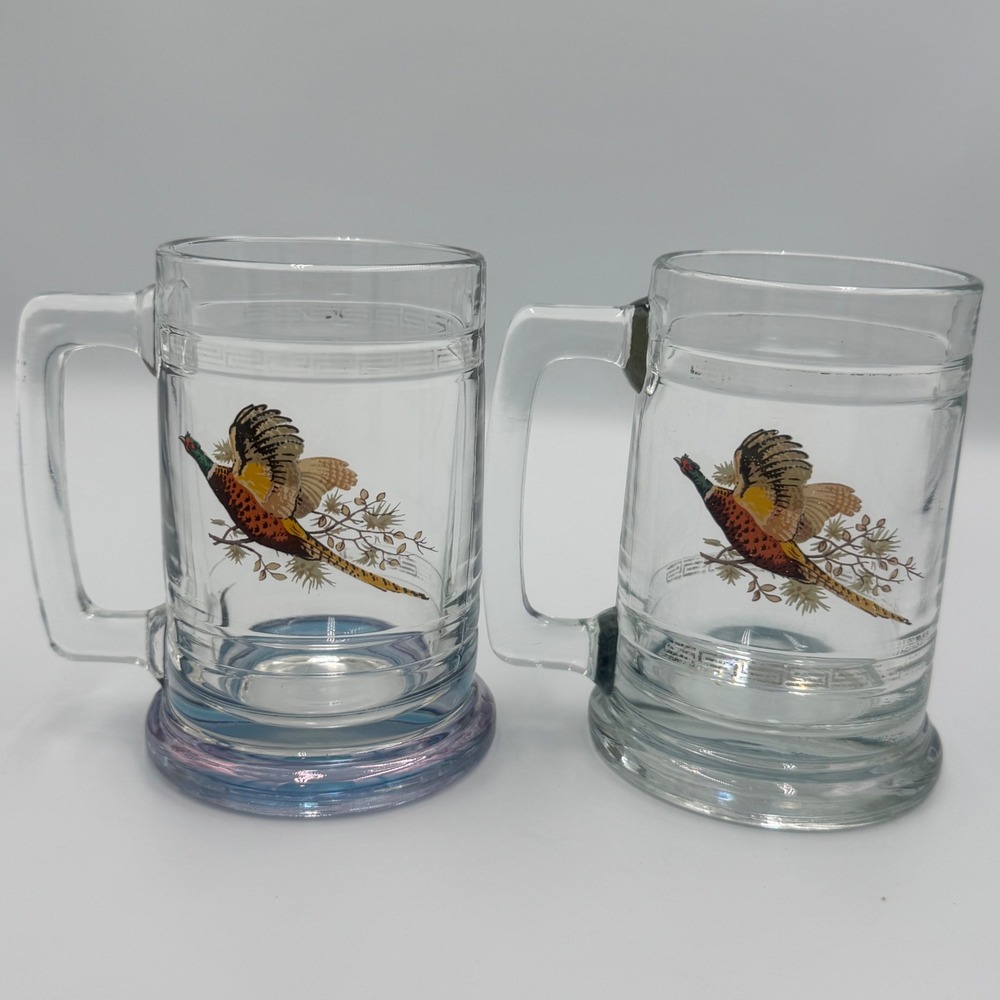 Flying Pheasant Glass Beer Mug Set of 2 Hunting Cabin Barware Clear